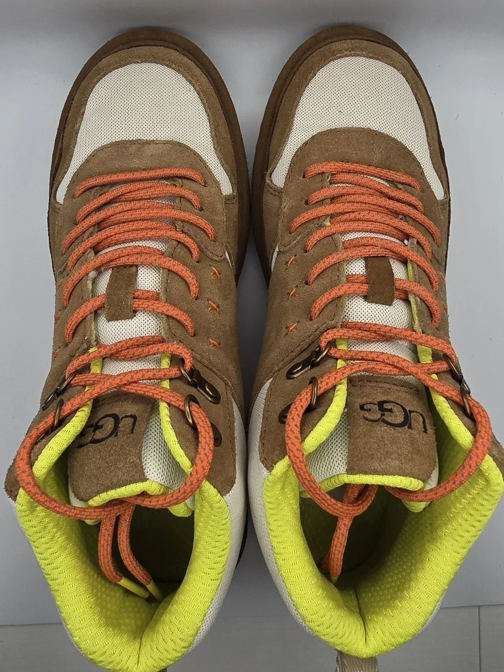 UGG Brown and Cream High-Top Suede Hiking-Style Boots with Orange Laces